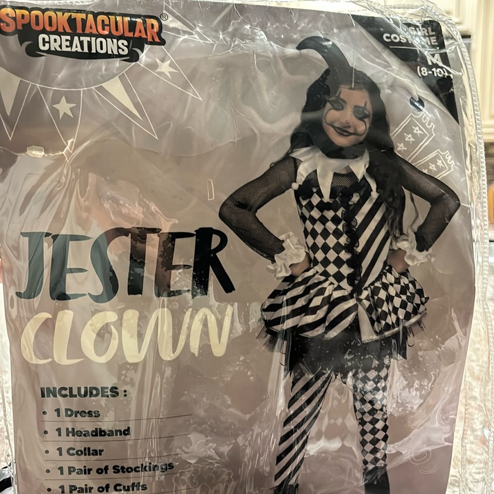 Big girls costume size 8/10. Sheer netted sleeves. No hat or collar included.